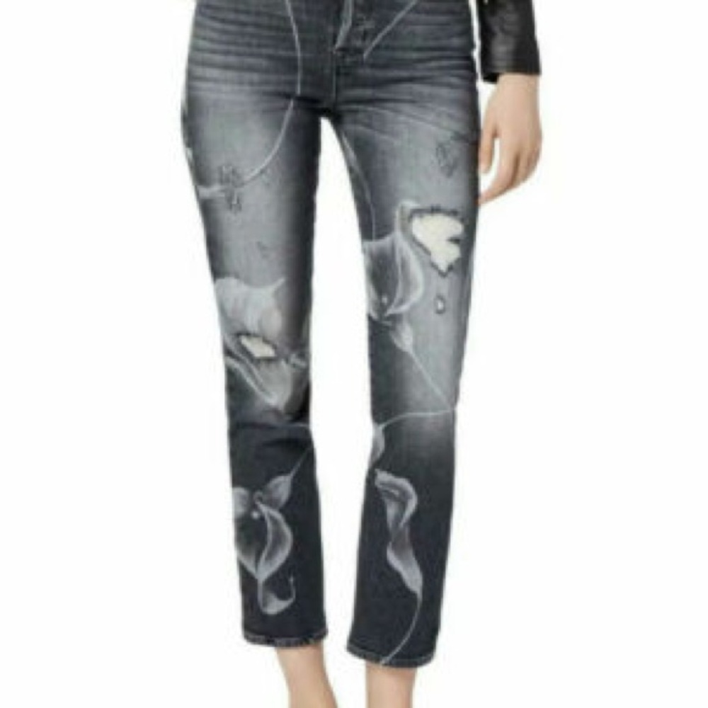Hudson 32 Zoeey Straight Cropped Floral Grey Distressed Jeans